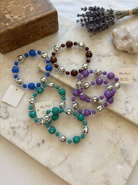 NWT My Style Stretch Beaded Bracelets Set of 6 Colorful Faceted Silver Accent